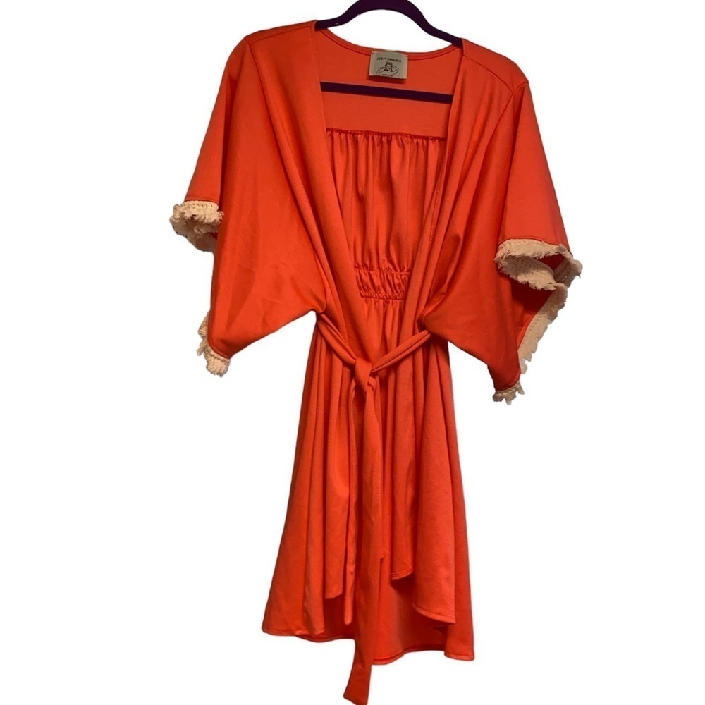 Judith March kimono jacket belted waist wide fringed short sleeves size small